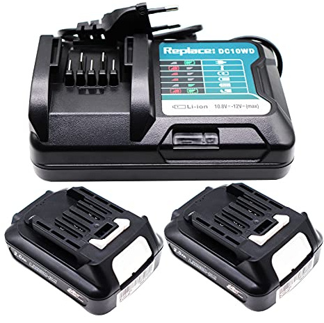 2 Stück 12V 2,0Ah Li-Ion Akku BL1021B mit Ladegerät DC10WD | kompatibel mit Makita CXT Serie BL1015 BL1016 BL1041B BL1040B Ersatzakku 12V Werkzeuge DF031D TD110D JR103D HP332D