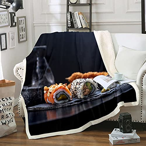 Homewish Sushi Flanell Decke, japanische Sushi Sherpa Decke, Meerestiere Ocean Decke, Food Theme Plüsch Decke für Kinder Jungen Mädchen Teenager Frauen Männer, Schwarze Sherpa Decke werfen 150x200