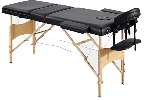Massageliege Massagetisch Klappbar, Höhenverstellbaren Holzfüßen mit 3 Zonen, Premium PU-Leder, Ergonomische Kopfstütze mit Schwarz