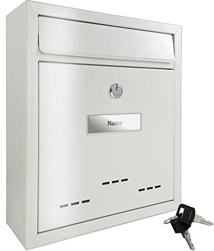TÄGA 2218 Design Metall Briefkasten weiß I DIN A4 Einwurfformat I mit Namensschild, Sichtfenster I abschließbar, inkl. 2 Schlüssel