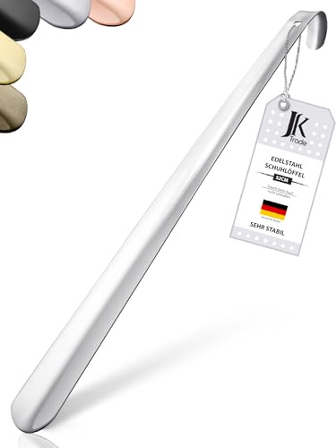 JK Trade® 52 cm stabil rostfritt stål skosked lång | 2 mm polerad skohorn i metall lång för att stå, snabb och enkel | optimerad längd och bredd | skohorn | business | hängande