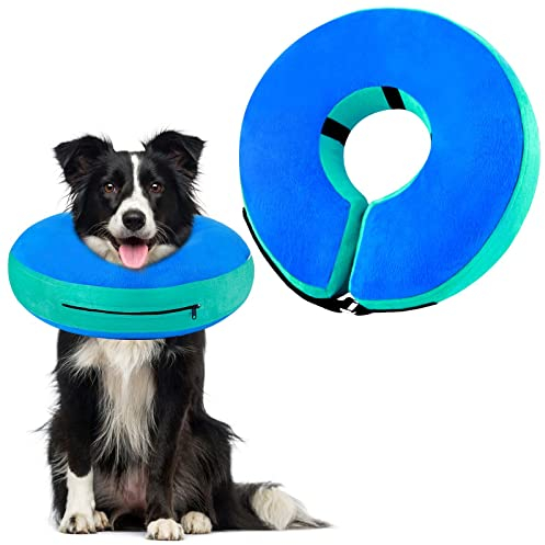 FWLWTWSS Aufblasbare Halskrause Hund & Halskrause Katze, Schutzkragen Hund mit Verstellbarer Klettverschluss, Hundekragen Leckschutz für Genesung nach Operationen oder Wunden für Hunde(Blau L)