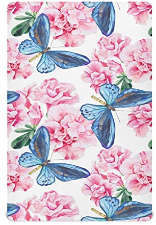 Spannbettlaken für Kinderbett, für Babys, Jungen oder Mädchen, weich, atmungsaktiv, für Baby-Spielhöfe, Standardgröße, 99,1 x 68,6 cm, rosa Azalee und blaue Schmetterlinge