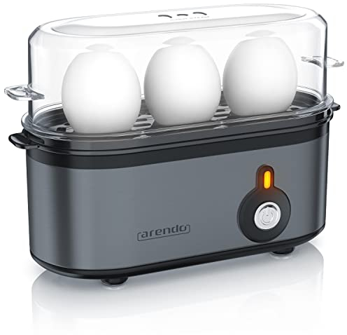 arendo - Electric Egg Boiler, Automatic Cooker with Warming Function for 1 to 3 Perfect Soft,medium and Hard Eggs, Indication Light, Water Measuring Cup and Egg Piercer, Stainless Steel Cool Grey
