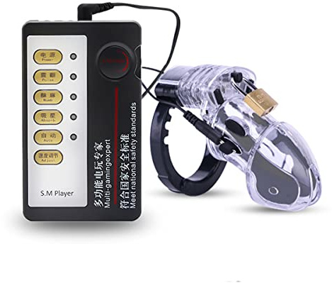 Electric Shock Penis Cage, Electric Sex Stimulation Chastity Cage Male Chastity Device Kit with 4 Sizes Rings (Transparent)