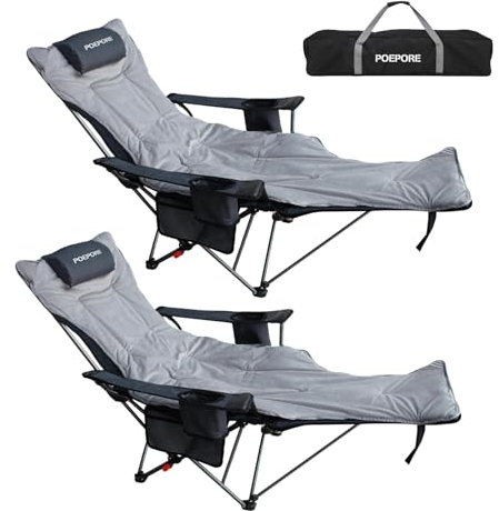 POEPORE Campingstuhl Faltbarer 2er Set Relaxsessel Bis 120 kg 4-Fach Verstellbarer Leichter Liegestuhl Angelstuhl mit Abnehmbarem Wattepad Fußstütze Doppelseitigen Armlehnentaschen Grau