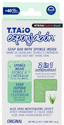 T. Taio Esponjabon Soap Sponge - Gentle Shower Scrubber - Cleaning Bath Wash Scrub - Dirt & Oil Removal - Massage & Lather Foot, Elbow, & Face Bathroom Accessories (Aloe Vera)