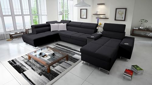 All4All Ecksofa mit Schlaffunktion Margo V 371x221 cm - Schlafsofa mit Bettkasten - Wohnlandschaft in U-Form - XXL Sofa - Seite rechts - Gewebe - Schwarz - Modern 26