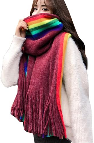 Kabelife Damenschal Warm Regenbogen Schal Halstuch Strickschal Herbst Winterschal Scarf Tuch 200 * 55CM(Weinrot)