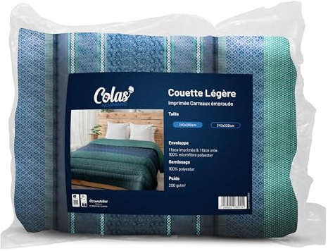 COLAS NORMAND Couette Légère – 140x200 cm - Imprimée Carreaux Emeraude - Enveloppe 100% Microfibre Polyester – Garnissage 100% Polyester – Fabrication Française