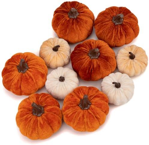 Oairse Autumn Pumpkins Decoration for Home, 10PCS Assorted Velvet Pumpkins Small Fake Pumpkin for Fall Harvest Thanksgiving Halloween Party Table Centerpiece Decoration(Beign/Brown/Orange)