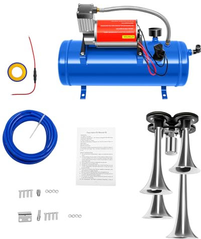 12V Auto Druckluftkompressor 6L Compressor Luftkompressor Druckluft Kompressor mit 4 Rohr Horn, mobil & kompakt Luftkompressor | inkl. 3.8m Schlauch | max. 150psi