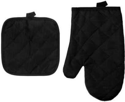 2 Stück rutschfestes, hitzebeständiges Backset mit 1 Stück Ofenhandschuh 1 Stück Hitzeschutzmatte, Topflappen, Baumwolle, hitzebeständig, Küchenhandschuhe zum Kochen, Backen, Grillen (Schwarz)