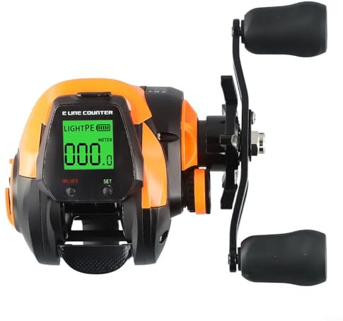 UTTASU Electric Fishing Baitcasting Reel with Digital Display, Rechargeable 7.2:1 Gear Ratio 10 Magnetic Beans Battery USB Charging Cable Left Right Hand(Orange Right hand)
