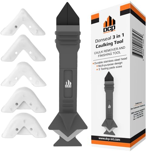 DCP Donseal 3 in 1 Caulking Tool Kit – Silicone Caulking Tool for Removal, Scraping & Finishing – Precise Caulk Remover & Applicator with 5 Tooling Pads – Stainless Steel Caulk Scraper for Smooth Seal