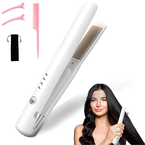 Cordless Hair Straighteners, HOVCEH Rechargeable Portable Hair Straighteners, 2 in 1 Straightener and Curler, Travel Curler with 4 Temperature Levels Fast Heat Up for Travel Home (White)