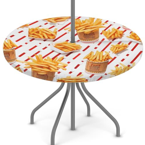 Woltant Tovaglia rotonda con foro per ombrellone e cerniera, facile da pulire, con bordi elastici, protezione per tavolo da esterno, per giardino, patio, barbecue (patatine fritte)