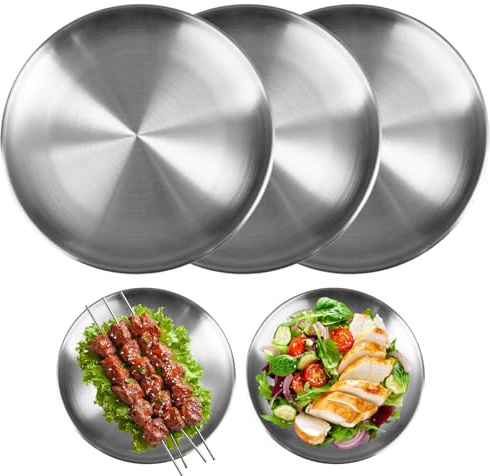 Zyren 3 Platos Redondos en Acero Inoxidable, Platos Acero Inoxidable Camping, Plato Metalicos Resistentes, Aptos para Lava Vajillas Plato Camping para Restaurantes Picnics Cocinas y Fiestas – 20 cm