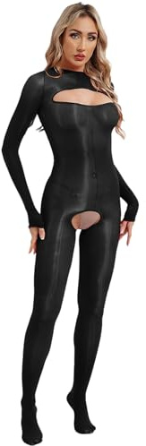 inhzoy Bodystocking Donna Cavallo Aperto Body Donna Sexy Hot per Sesso Collant Lucidi Olio Maniche Lunghe Monokini Bodysuit Trasparente Nylon Collant Full Body Sleepwear Nero A Taglia unica