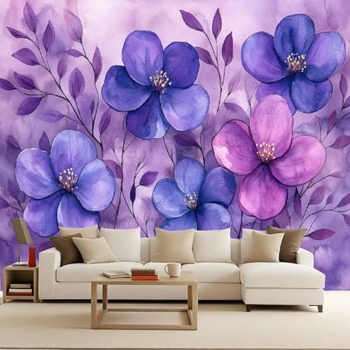 Papel Tapiz Fotográfico 3D Morado Flores Crisantemo Lavanda Mural Tejido no Tejido Mate‌ Moderno Fotomurales Para Habitación infantil Salon Dormitorio Oficina Murales Decorativos Pared 150x105 cm