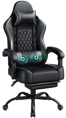 Yaheetech Gaming Chair, Ergonomic Racing Gaming Chair with Massage Lumbar Pillow, High-Back Office Chair with Slide-Out Footrest and Padded Linkage Armrests for Adults Full Black