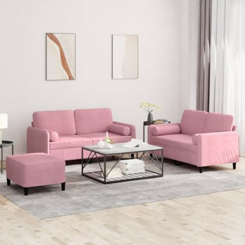 IBUQDDV 3-TLG. Sofagarnitur mit Kissen Rosa Samt – Weiches Velours Sofa Set mit robustem Metallgestell, bequemer Polsterung und praktischem Hocker für Wohnzimmer, Essbereich