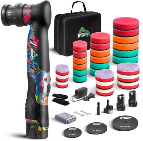 BATOCA S5 Cordless Mini Car Polisher Buffer Sander Dual Action Rotary Small Polishing Machine for Car Detailing 1inch 2inch 3inch Polishing Pad Kit with 2x 12V Battery 2000-5500RPM New Exterior Design