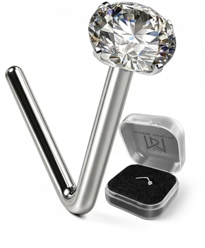 Monster Piercing - PIercing Naso. Stud a Bottone con Barra piegata a L in Oro Bianco a 9 Carati. Punto Luce: Zirconia Rotonda Chiara da 2 mm. Calibro: 22 Gauge (0,6 mm). Ipoallergenico