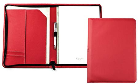 DELMON VARONE - Personalisierbare Schreibmappe DIN A4 „EcoAppleLeather“ Rot, Recycled Öko Apfel Leder Konferenzmappe mit Notizblock, Stiftschlaufe & Steckfächer, Ökoleder Orgamappe mit Reißverschluss