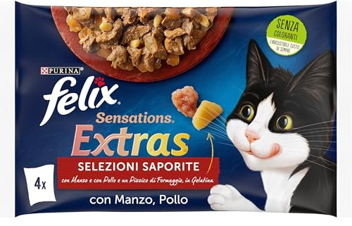 Purina Felix Sensations Extras Feuchtigkeitsfutter für Katzen mit Rind und Einer Prise Käse und einem Huhn und Einer Prise Bacon, 48 Beutel à 85 g