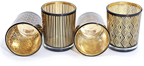 Teelicht-Gläser Set aus Glas inkl. Teelichter - Kleine edle Teelicht Kerzen-Halter mit Verzierungen - Windlichter Kerzenglas - Geschenk Dekoration Hochzeit, Geburtstag, Weihnachten (Schwarz 4er Set)