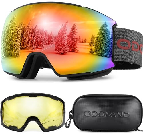 Odoland OTG Ski Goggles Set with Detachable Lens, Interchangeable Lens, Anti-Fog 400 UV Protection Snow Goggles for Men and Women, Helmet Compatible BR