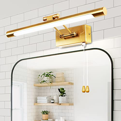 TYhogar 40CM Brass Bathroom Mirror Light with Pull Cord Switch Gold Picture Lights for Wall IP44 8W Bathroom Wall Lights for Shaving& Make Up