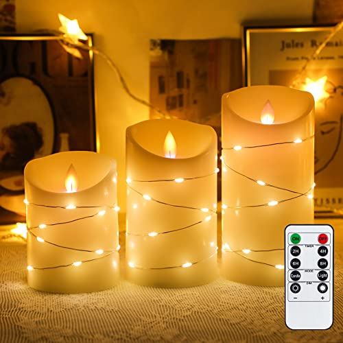 YINUO LIGHT Candele LED Senza Fiamma Set di 3, 10/12.7/15.2cm Luci di Candele, Batteria Pilastri in Vetro Realistico Tremolante Modalità Fiamma, Lanterne con Telecomando Timer Festa della mamma