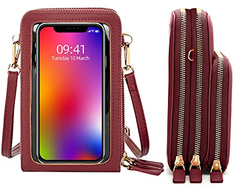 Small Crossbody Bag For Women Large Touch Screen Cell Phone Purses and Wallet,3 Main Pockets with Card Slots,2 detachable straps, Lightweight Travel Handbag (G-Wine red)