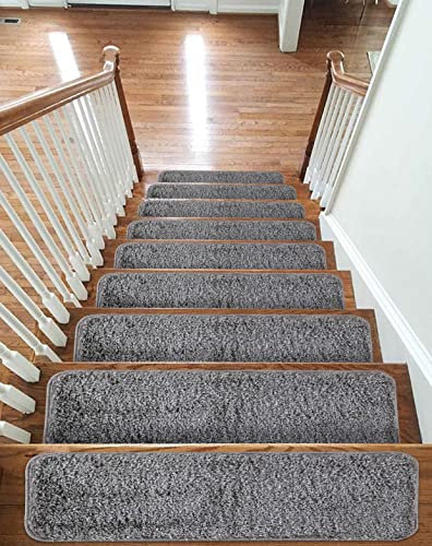 emmahome New Shiny Pile Carpet Stair Treads NON-SLIP MACHINE WASHABLE Mats/Rugs, 20mm Thickness, Indoor 22x67cm, (Grey, 13)