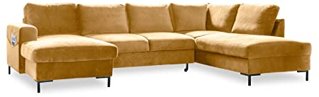 MIUFORM Lofty Lilly mit Bettkasten | 8 Sitzer Ecksofa | U-form rechts | 303 x 197 x 84cm | Klappsofa mit Schlaffunktion | Schlafsofa klappbar | Wohnlandschaft (Velour Senfgelb)