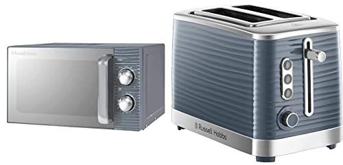 Russell Hobbs RHM1731G Inspire 17L 700w Grey Solo Manual Microwave & 24373 Grey Inspire 2 Slice Toaster, Wide Slot with Frozen, Cancel and Reheat Settings, High Gloss Chrome Accents, 1050 W