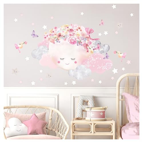 DEKO KINDERZIMMER Wandtattoo rosa Mond & Wolken Wandsticker Sterne Babyzimmer Wandaufkleber Kinderzimmer Wanddeko DK1080-2