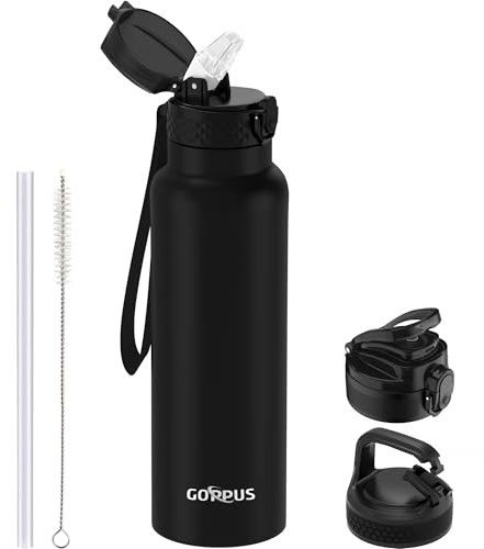 GOPPUS 750ml/26oz Stainless Water Bottle with Straw Double Wall Insulated Bottles with Strap Reusable Vacuum Thermal Flask Leakproof Keep Cold Drinks Bottles with Flip Top Lid for Men Women BPA Free