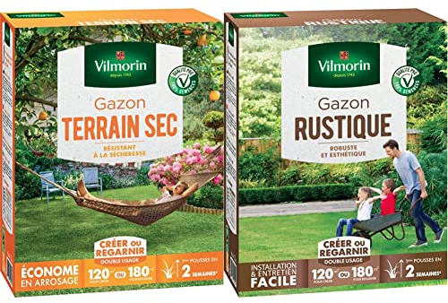 VILMORIN - Gazon Terrain Sec - Résistant à la sécheresse - Premières pousses visibles dès 2 semaines - Pour créer un nouveau gazon, Vert, 3 kg & 4460415 Gazon Rustique, Vert, 3 kg