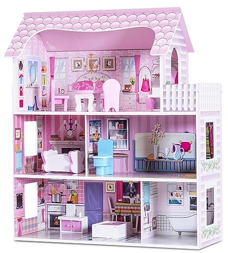 GYMAX Kids Dollhouse, 3-Storey Wooden Dolls House with 5 Simulated Rooms & Furniture Accessories, Large Pink Doll House for 3 Years Old+ Girls Boys (62x27x70cm)