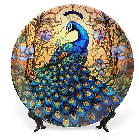 Gokays Decorative Plates, Stained Glass Design Peacock & Flower Ceramic Dinner Plate Home Wobble-Plate with Display Stand, Wall Hanging Decor for Kitchen Household 10 Inch, Gifts for Peacocks Lover