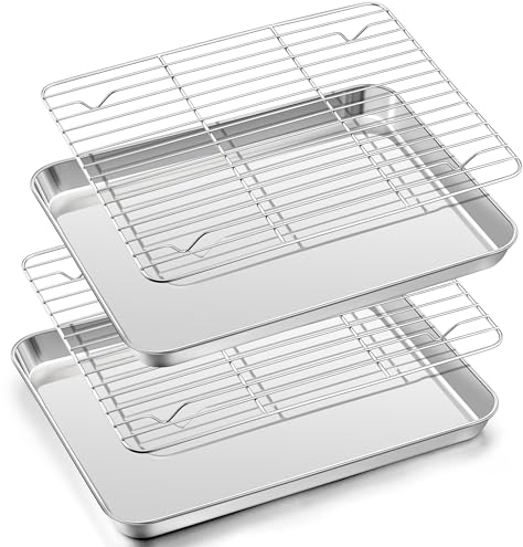 Herogo Teglia da forno con griglia di raffreddamento, in acciaio inox con griglia per torte (2 teglie, 2 griglie di raffreddamento), grande teglia rettangolare con griglia per forno, griglia di