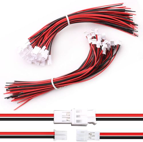 VISSQH 60Pcs(30 Pairs) JST Connector,JST 2.0 PH 2 pin JST Male Female Connector,Mini Micro JST Connector with 150 mm 26 AWG cable(red black)