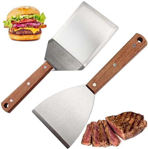 Set of 2 Stainless Steel Barbecue Spatula Set with Large Grill Turner, Spatula with Wooden Handles, Grill Gifts for Burger Press, Teppanyaki, Barbecue, Steak, Pizza