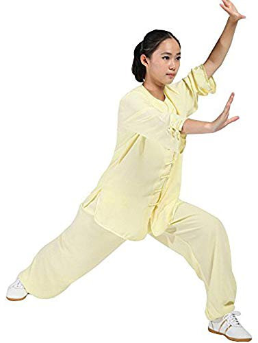 FGDIUCVN Kampfsportbekleidung Damen Kampfsport Tai Chi Uniform Kung Fu Kleidung Halbarm Wushu Anzug,Beige,L