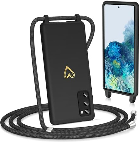 Noyabox für Samsung Galaxy S20 FE Handyhülle mit Band, Goldenem Herz Silikon zum Umhängen Handykette mit Abnehmbarer Kordel Halskettenhülle Stoßfest mit Kameraschutz, Schwarz