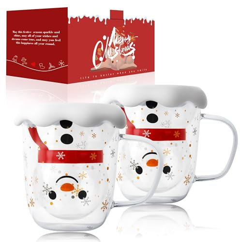 LIBWYS Süße Tassen Schneemann Weihnachtstasse Becher 2er Set 300ml, Weihnachten Geschenke Teegläser Kaffeeglas Doppelwandige Thermoglas für Espresso Latte Macchiato
