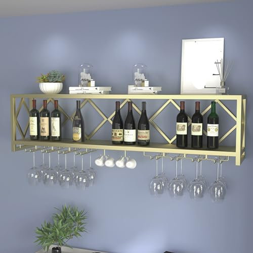 Modern Wine Storage Rack Wall Mounted With Wine Glass Holder,Home Wine Cabinet Decorations,Wall Mounted Wine Rack 2 Tier,for Kitchen Bar Decoration Gold/Blackold,180 * 25 * 45cm